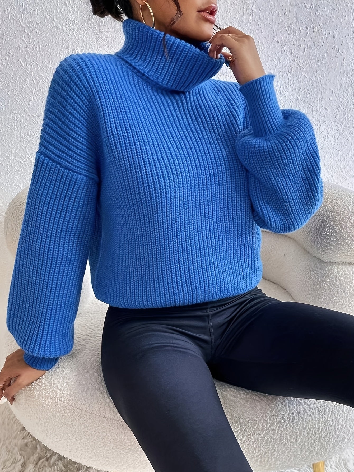 Antmvs Solid Turtle Neck Sweater, Casual Long Sleeve Drop Shoulder Sweater, Women's Clothing