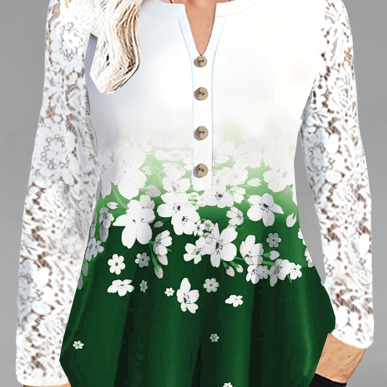 Plus Size Floral Delight Blouse - Lace Trimmed V Neck, Flowy Long Sleeves - Perfect Spring Fashion for Women