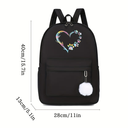 Vibrant Heart-Shaped Paw Print Backpack - Stylish Side Pocket for Bottles & Umbrellas - Perfect for Young Men & Womens Commute, Study, and Outdoor Fun