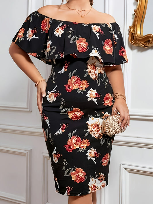 Antmvs Plus Size Casual Dress, Women's Plus Floral Print Ruffle Trim Off Shoulder Short Sleeve Midi Dress