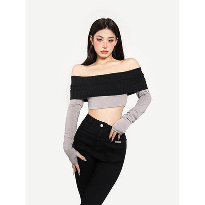 Antmvs Giana Contrast Color Off the Shoulder Long Sleeve Slim Cropped Top