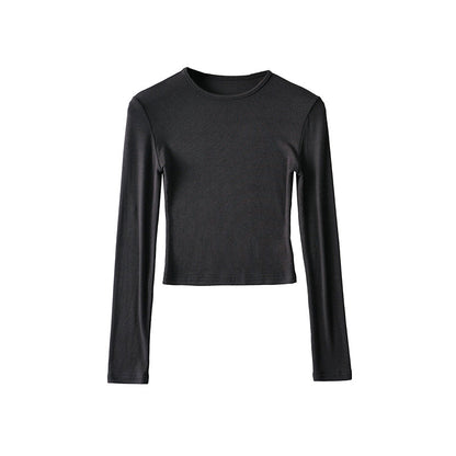 Antmvs Willy Solid Color Ribbed Round Neck Slim Long Sleeve Cropped Bodysuit Top