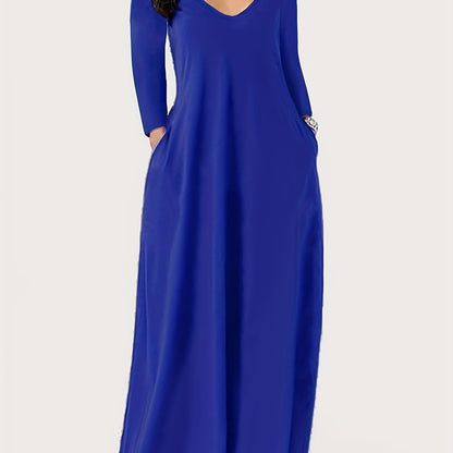 Antmvs Plus Size Casual Dress, Women's Plus Solid Long Sleeve V Neck Medium Stretch Maxi Dress