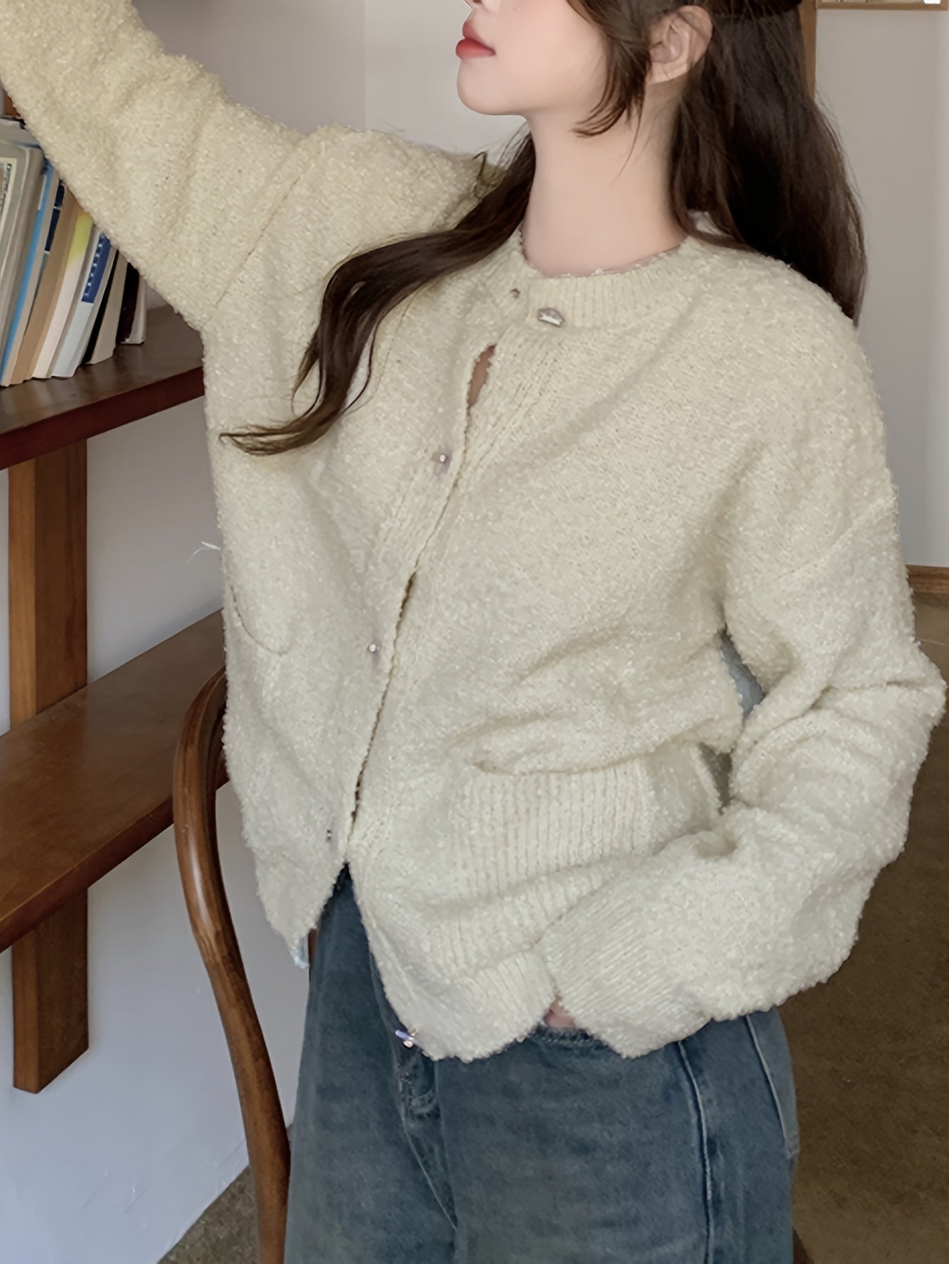 Antmvs Solid Button Up Knit Cardigan, Casual Long Sleeve Fuzzy Pocket Sweater, Women's Clothing