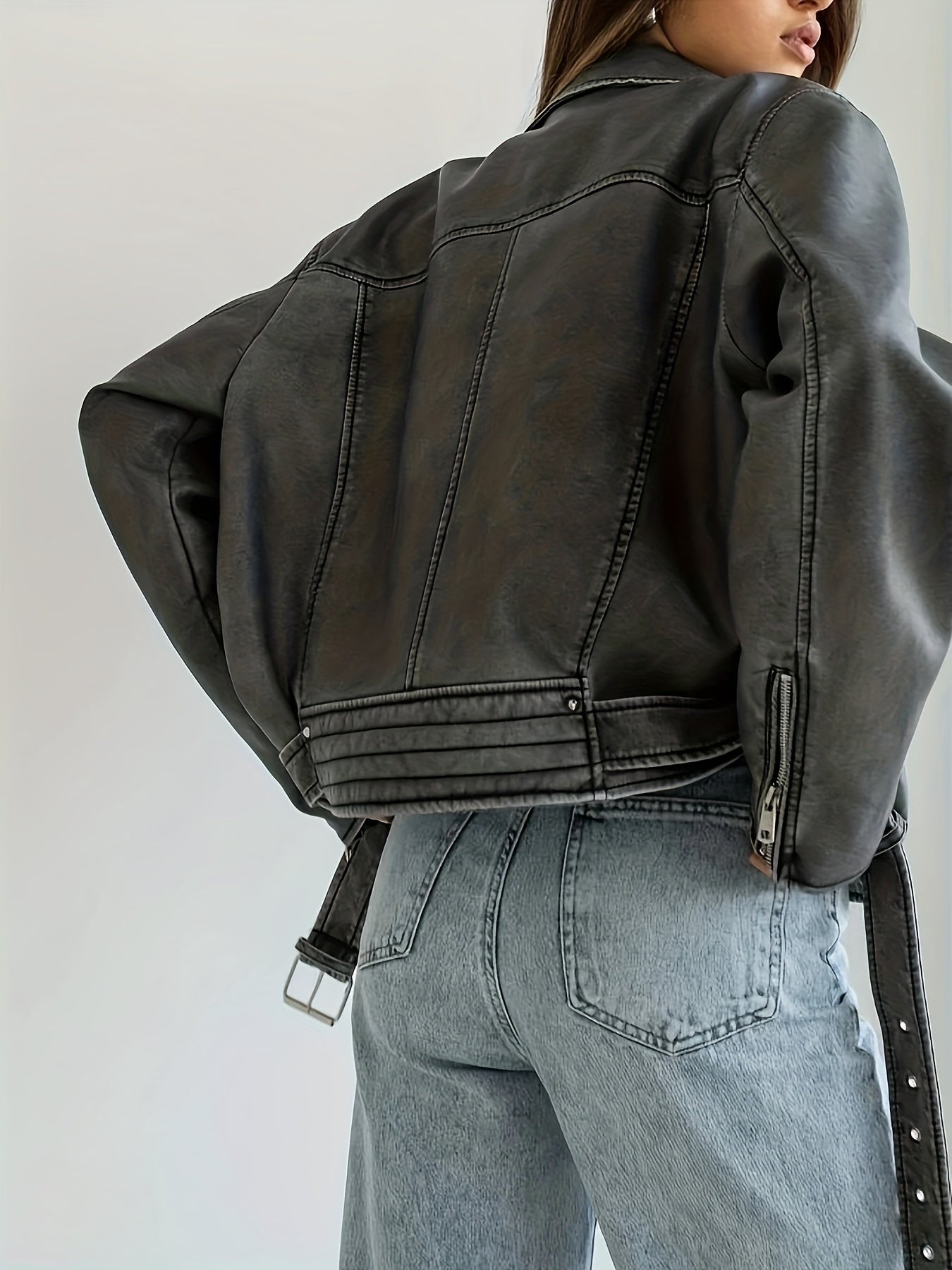 Antmvs Vintage Lapel Belted Biker Jacket, Long Sleeve Slant Zipper Pockets Loose Jacket, Women's Clothing