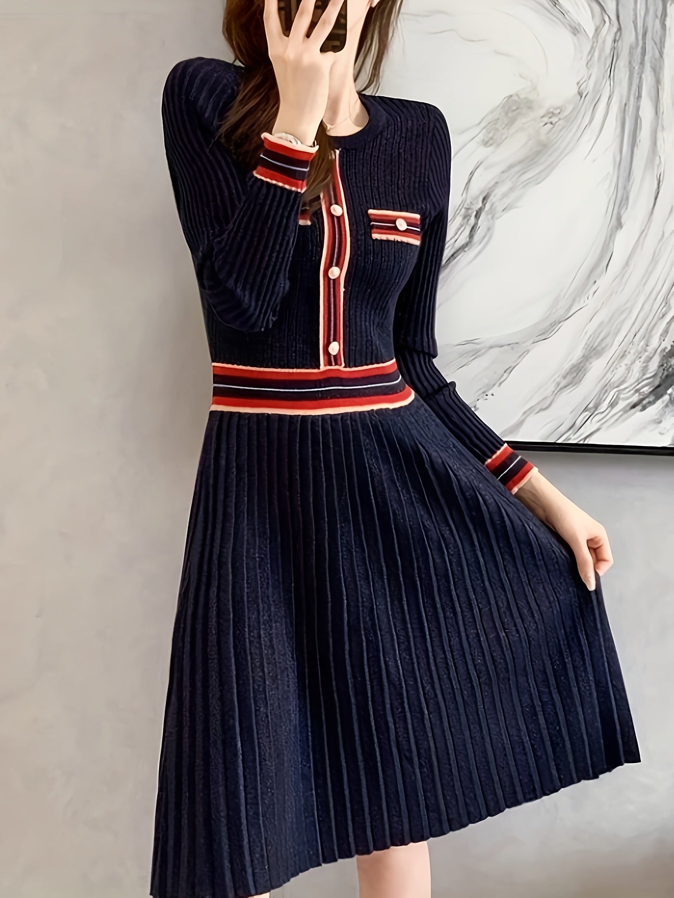 Antmvs Contrast Trim Pleated Dress, Elegant Long Sleeve A-line Dress, Women's Clothing