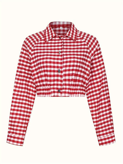 Antmvs Plaid Button Down Crop Jacket, Casual Lapel Collar Long Sleeve Outwear, Women's Clothing