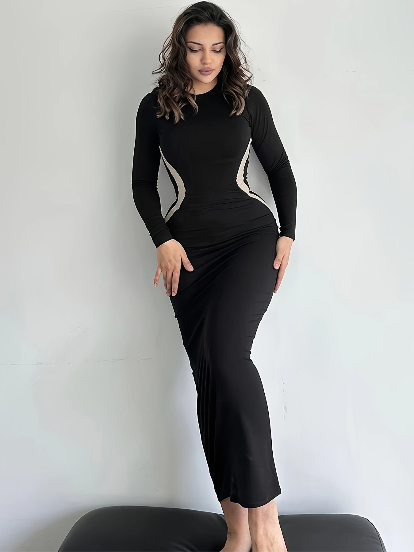 Antmvs Simple Bodycon Dress, Casual Crew Neck Long Sleeve Maxi Dress, Women's Clothing