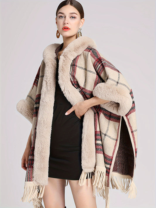 Antmvs Fuzzy Trim Plaid Cape Cardigan, Elegant Tassel Open Front Shawl Tops, Women's Clothing