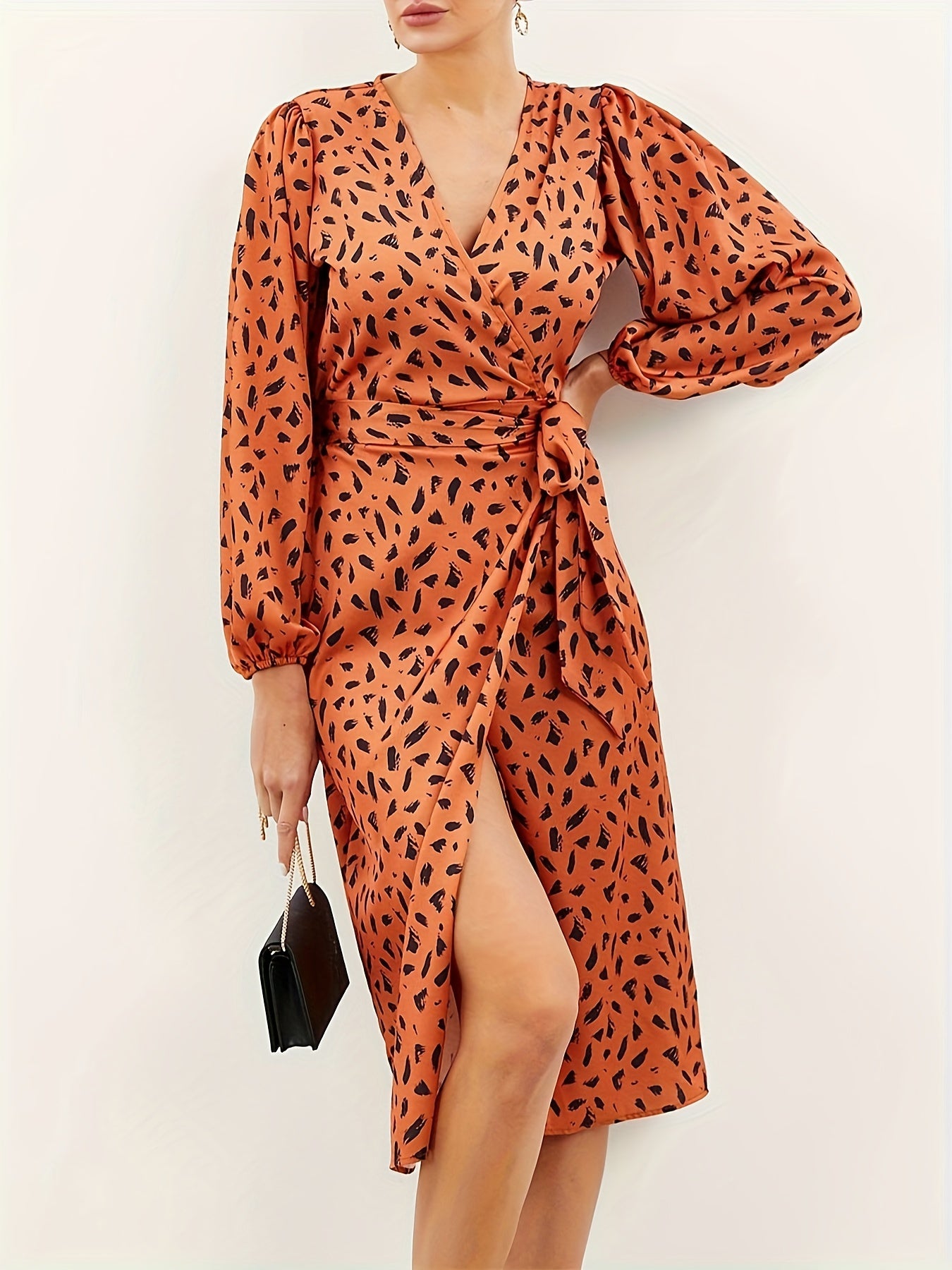 Antmvs Allover Print Wrap Dress, Casual Long Sleeve V Neck Midi Dress, Women's Clothing