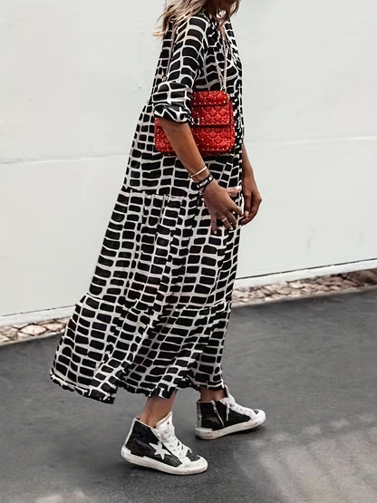 Antmvs Plus Size Casual Dress, Women's Plus Colorblock Geometric Print Long Sleeve V Neck Slight Stretch Maxi Dress