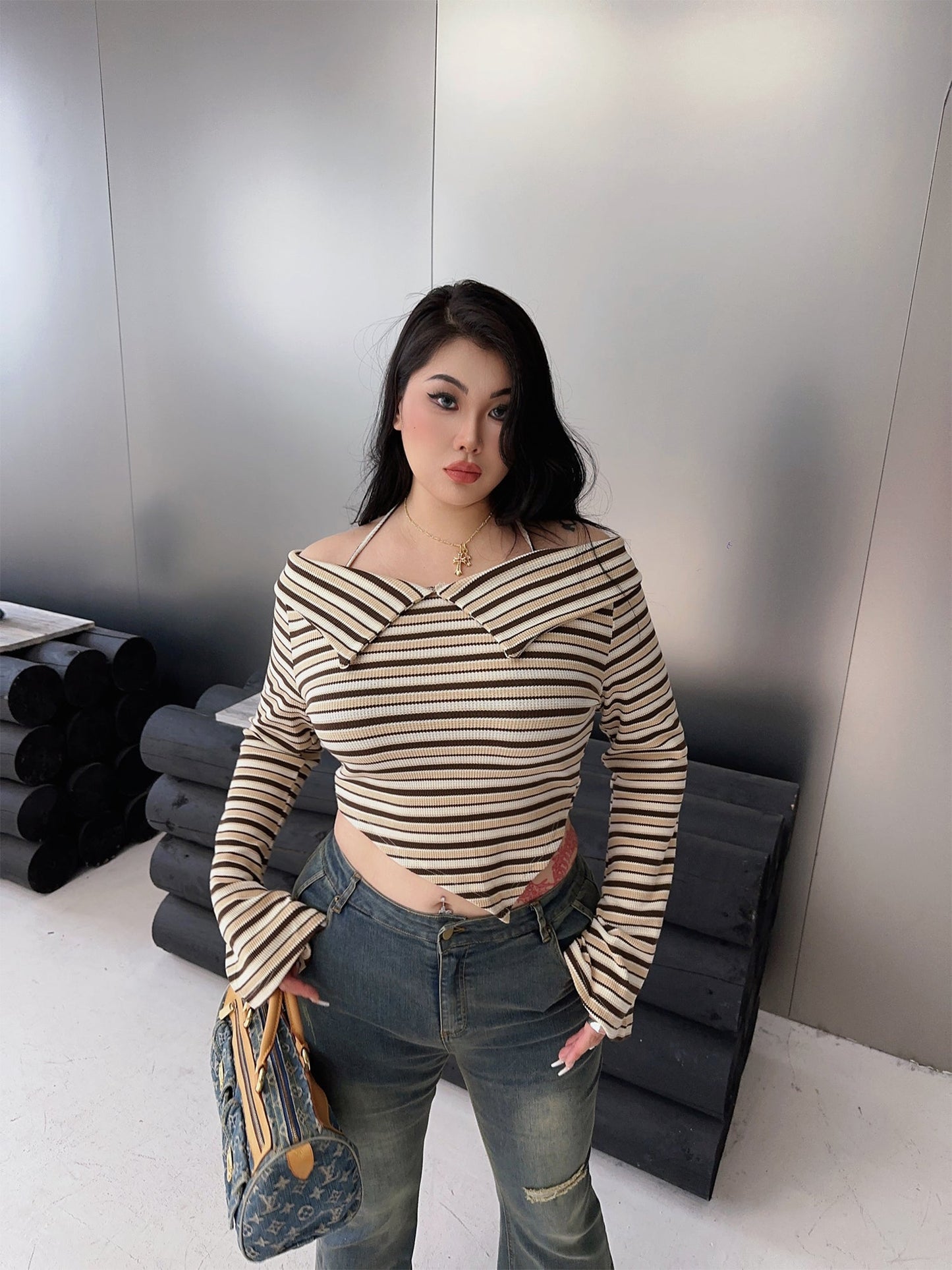 Antmvs Hilary Stripe Long Sleeve Halter Off the Shoulder Slim Crop Top