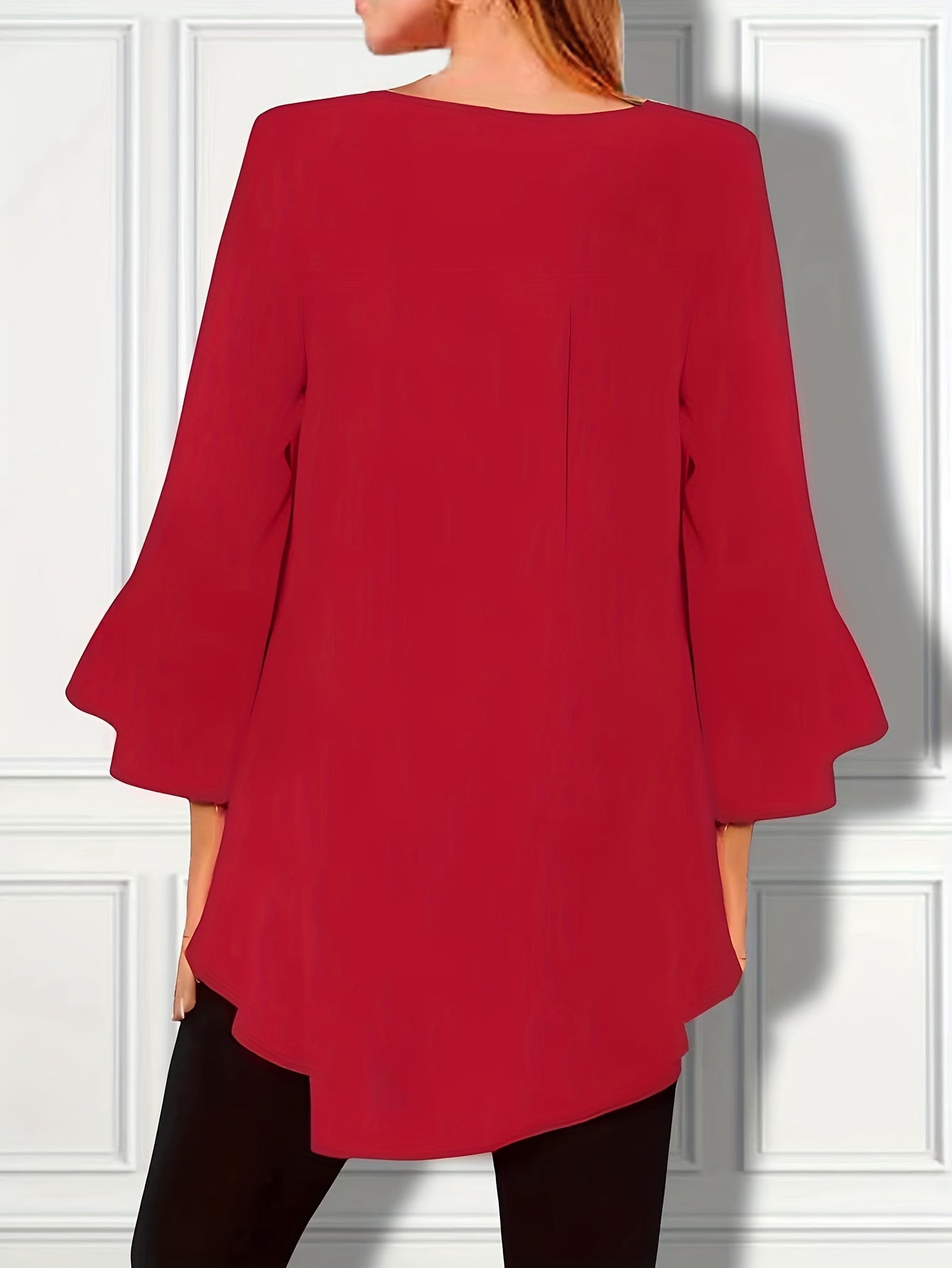 Plus Size Elegant Crew Neck Blouse - 3/4 Sleeve, Ruffle Trim, Slight Stretch, Solid Color, Woven Fabric - Perfect for Spring, Summer, and Fall Seasons