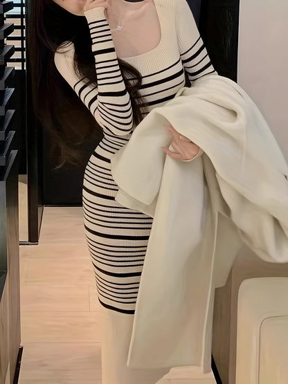 Antmvs Striped Print Knitted Slim Dress, Elegant Long Sleeve Dress, Women's Clothing