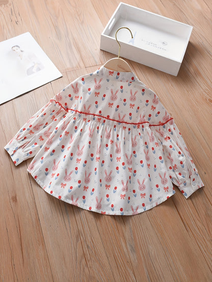 95% Cotton, Girls Cute Bunny Full Print Stand Collar Shirt Long Sleeve Peplum Tops