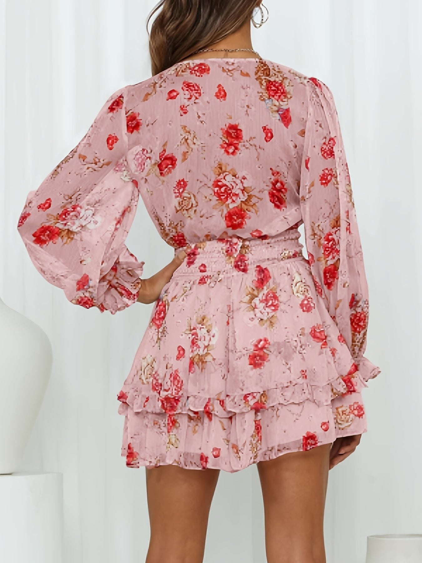 Antmvs Floral Print Layered Hem Dress, Elegant V-neck Shirred Waist Dress, Women's Clothing