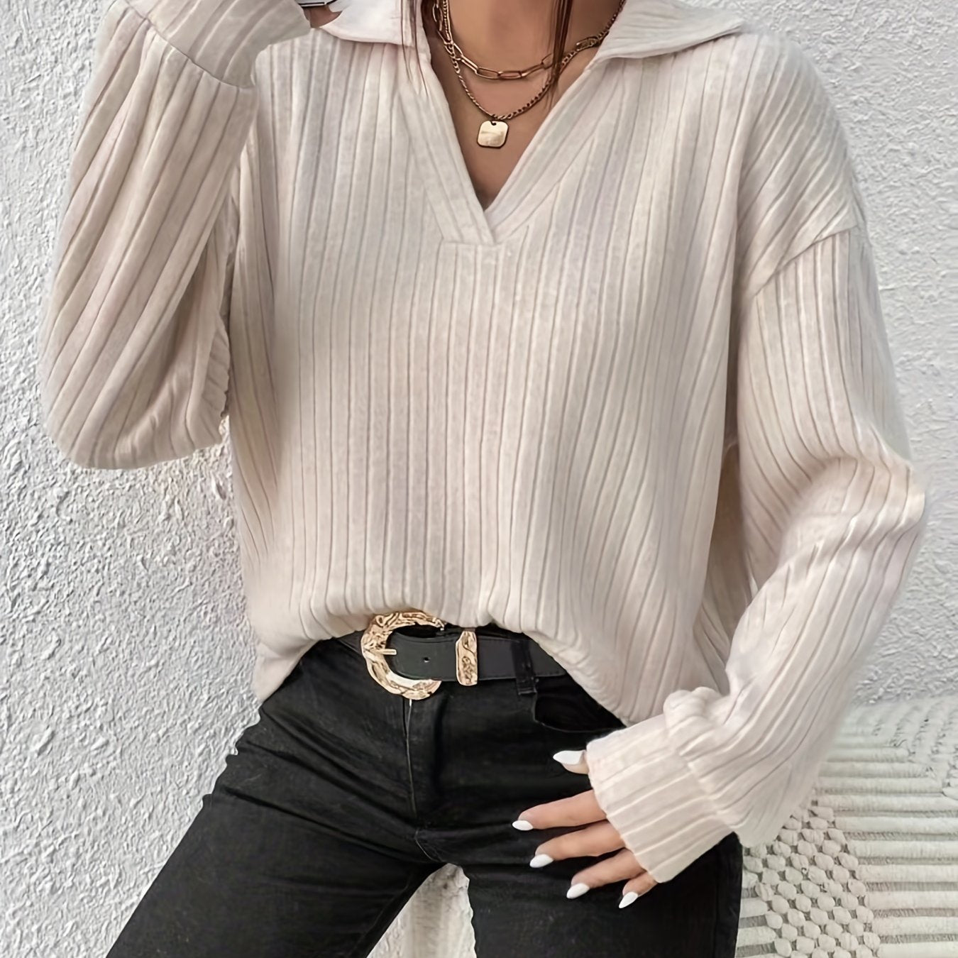 Antmvs Solid Polo Neck Loose T-shirt, Casual Drop Shoulder Simple Long Sleeve T-shirt, Women's Clothing