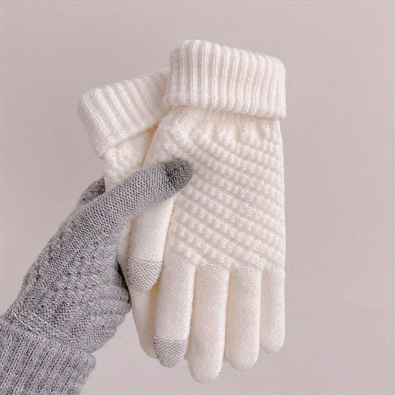 Unisex Winter Full Finger Knit Gloves, Touch Screen Thermal Gloves For Outdoor Cycling