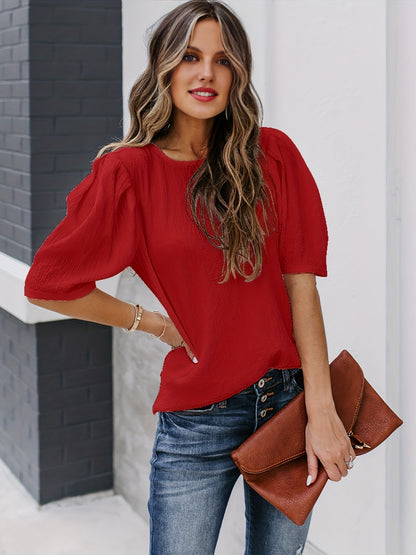 Antmvs  Solid Short Sleeve Blouse, Crew Neck Casual Every Day Top For Summer & Spring, Women's Clothing