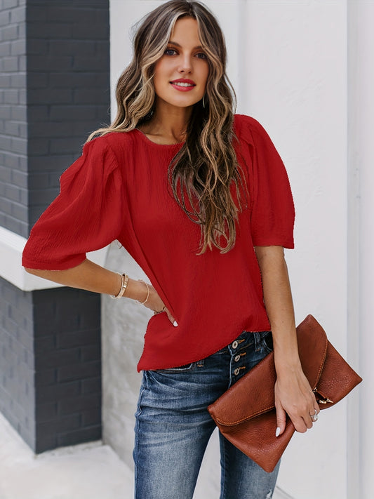 Antmvs  Solid Short Sleeve Blouse, Crew Neck Casual Every Day Top For Summer & Spring, Women's Clothing