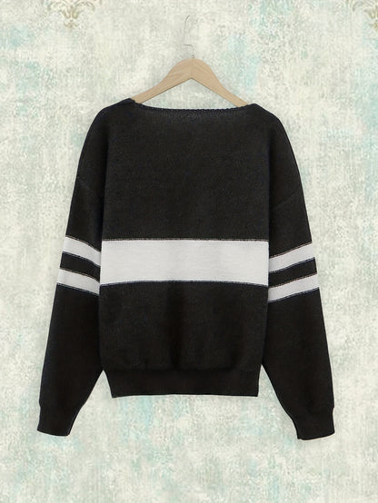 Antmvs Striped Color Block Knit Sweater, Casual V Neck Long Sleeve Sweater, Women's Clothing