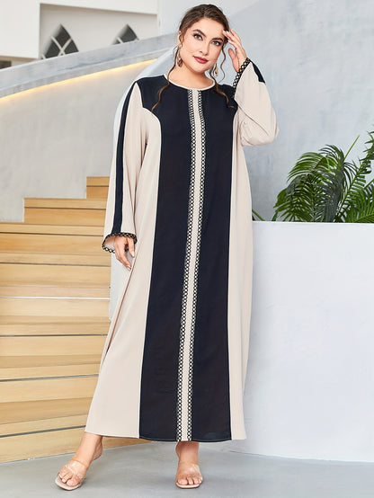 Antmvs Plus Size Casual Dress, Women's Plus Colorblock Long Sleeve Round Neck Maxi Dress