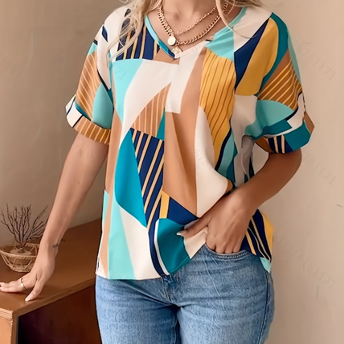 Antmvs  Abstract Print V Neck Blouse, Casual Short Sleeve Blouse For Spring & Summer, Women's Clothing