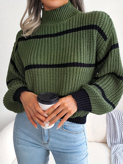 Antmvs Striped Color Block Crew Neck Sweater, Casual Long Sleeve Loose Fall Winter Knit Sweater, Women's Clothing