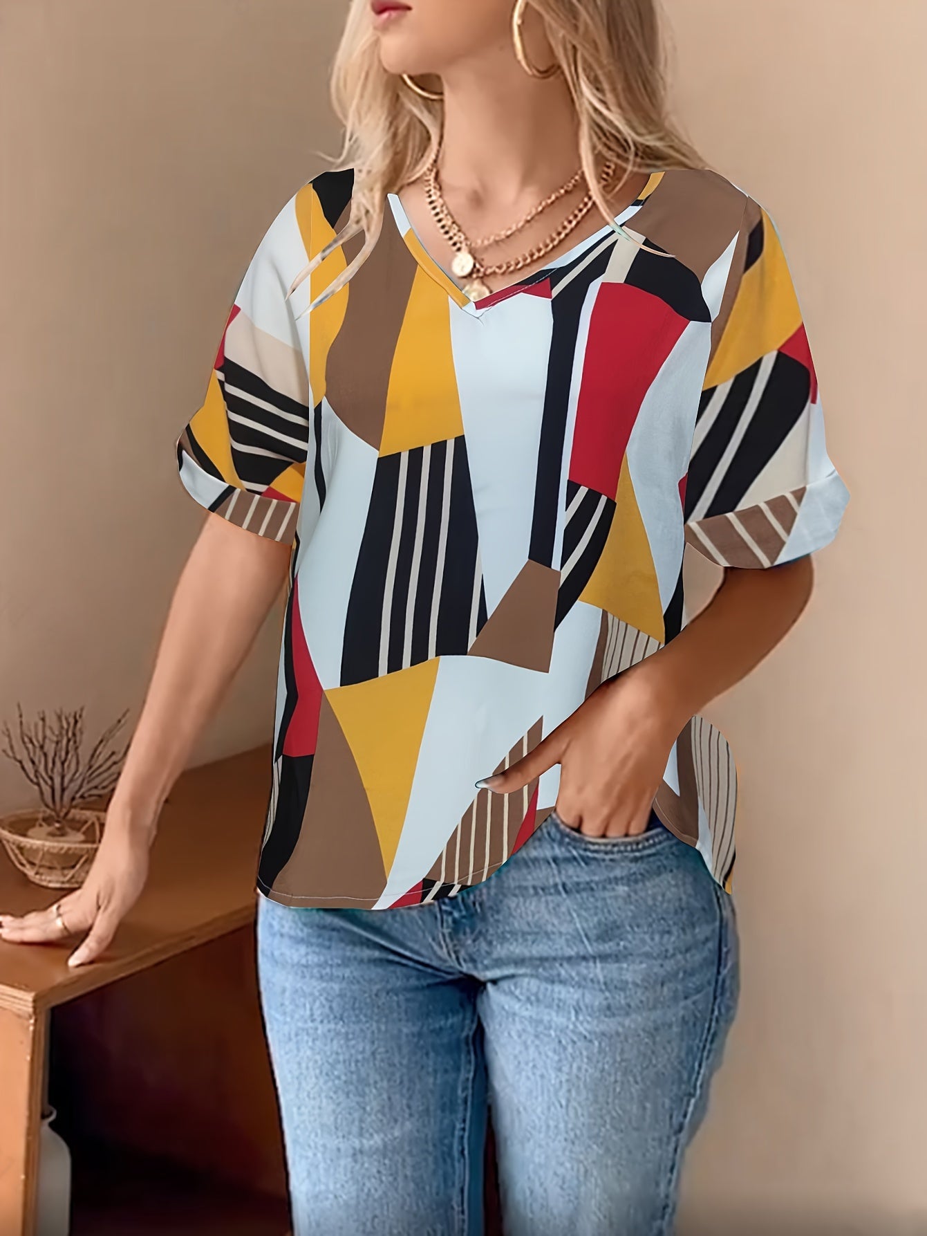 Antmvs  Abstract Print V Neck Blouse, Casual Short Sleeve Blouse For Spring & Summer, Women's Clothing