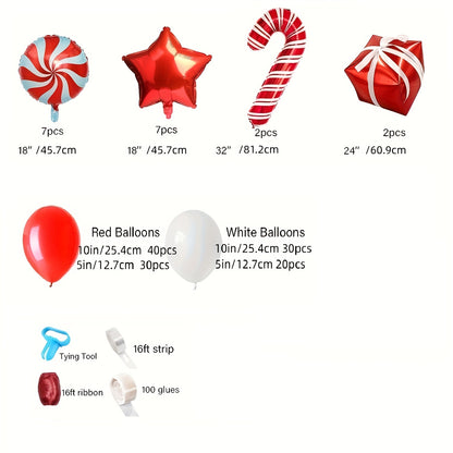 147pcs Ultimate Christmas Balloon Garland Arch Kit with Red & White Balloons, Candy Cane, Gift Box, Red Star Foil Balloons for Indoor & Outdoor Party Decorations