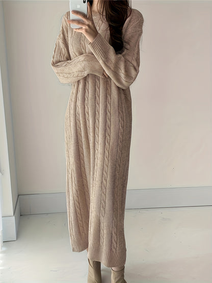 Antmvs Cable Knit Maxi Dress, Elegant Crew Neck Long Sleeve Dress, Women's Clothing