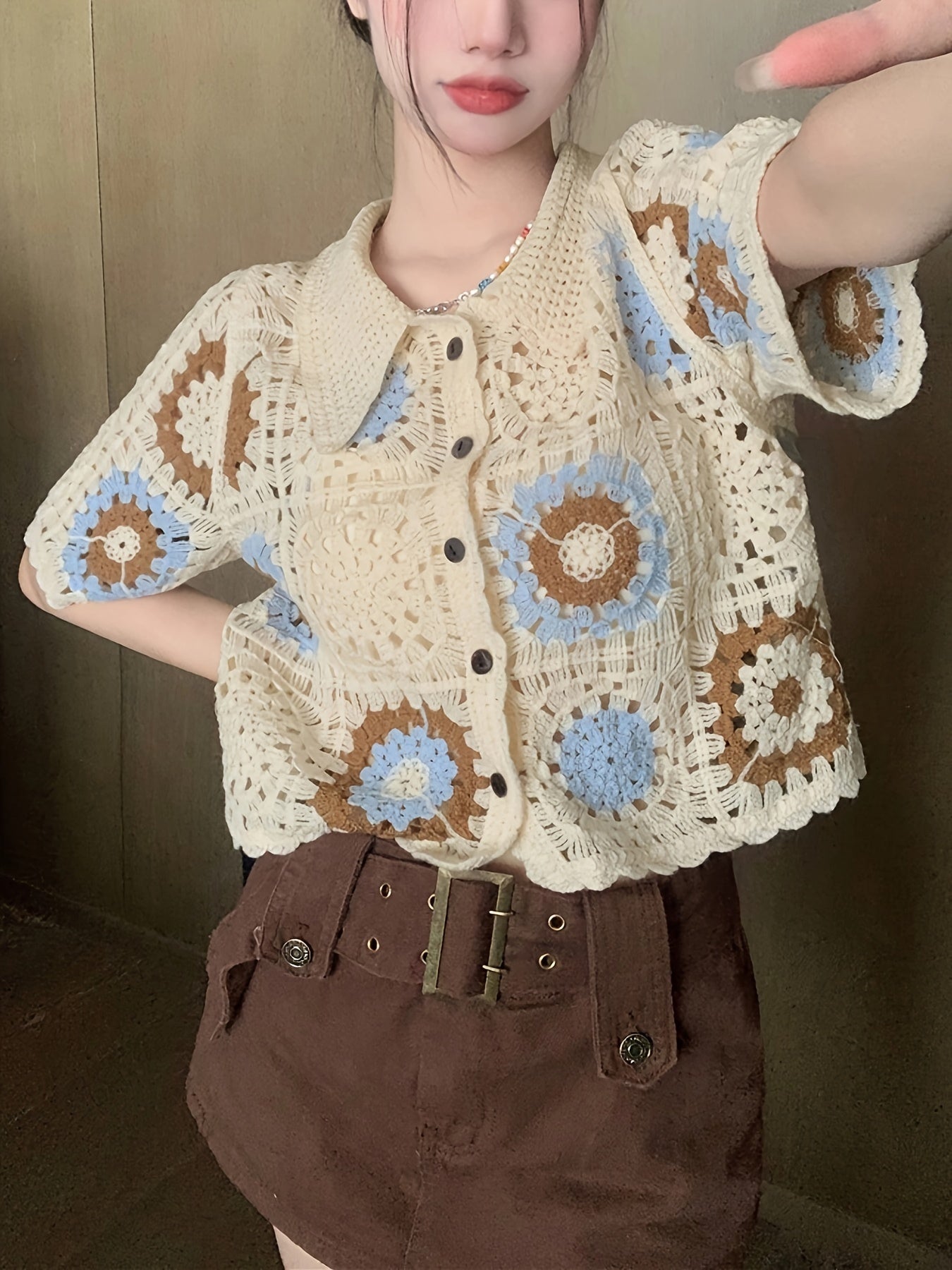 Antmvs Graphic Pattern Hollow Crochet Cardigan, Vintage Button Up Short Sleeve Stylish Top, Women's Clothing