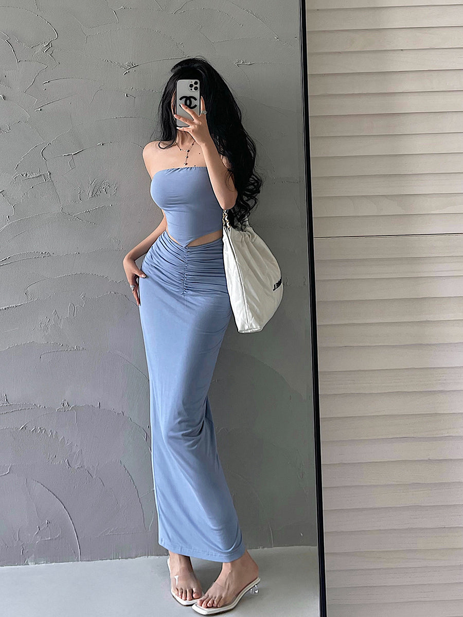 Antmvs Presila Solid Color Sleeveless Slim Bandeau Tube Top + Solid Color Pleated High V-Waist Back Slit Long Slim Skirt Matching Set