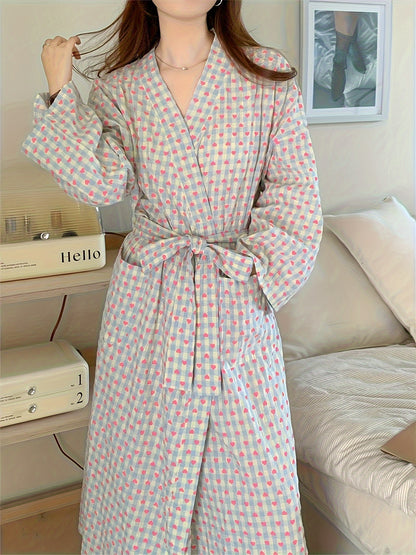 Casual Chic Plaid Print Long Sleeve V Neck Belted Robe with Pockets - Women's Loungewear & Dresses - Soft, Cozy, and Stylish Lounging Essential for Relaxation