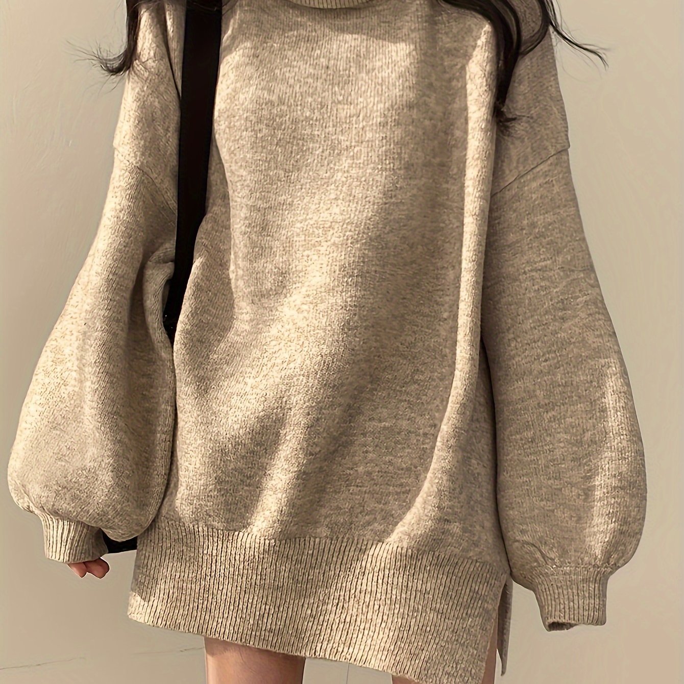 Antmvs Solid Turtle Neck Oversized Sweater, Casual Long Sleeve Split Sweater, Women's Clothing