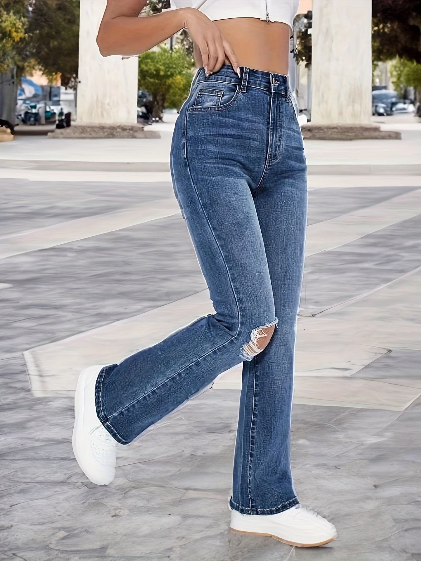 Antmvs Blue Ripped Holes Straight Jeans, High Stretch Distressed Casual Denim Pants, Women's Denim Jeans & Clothing