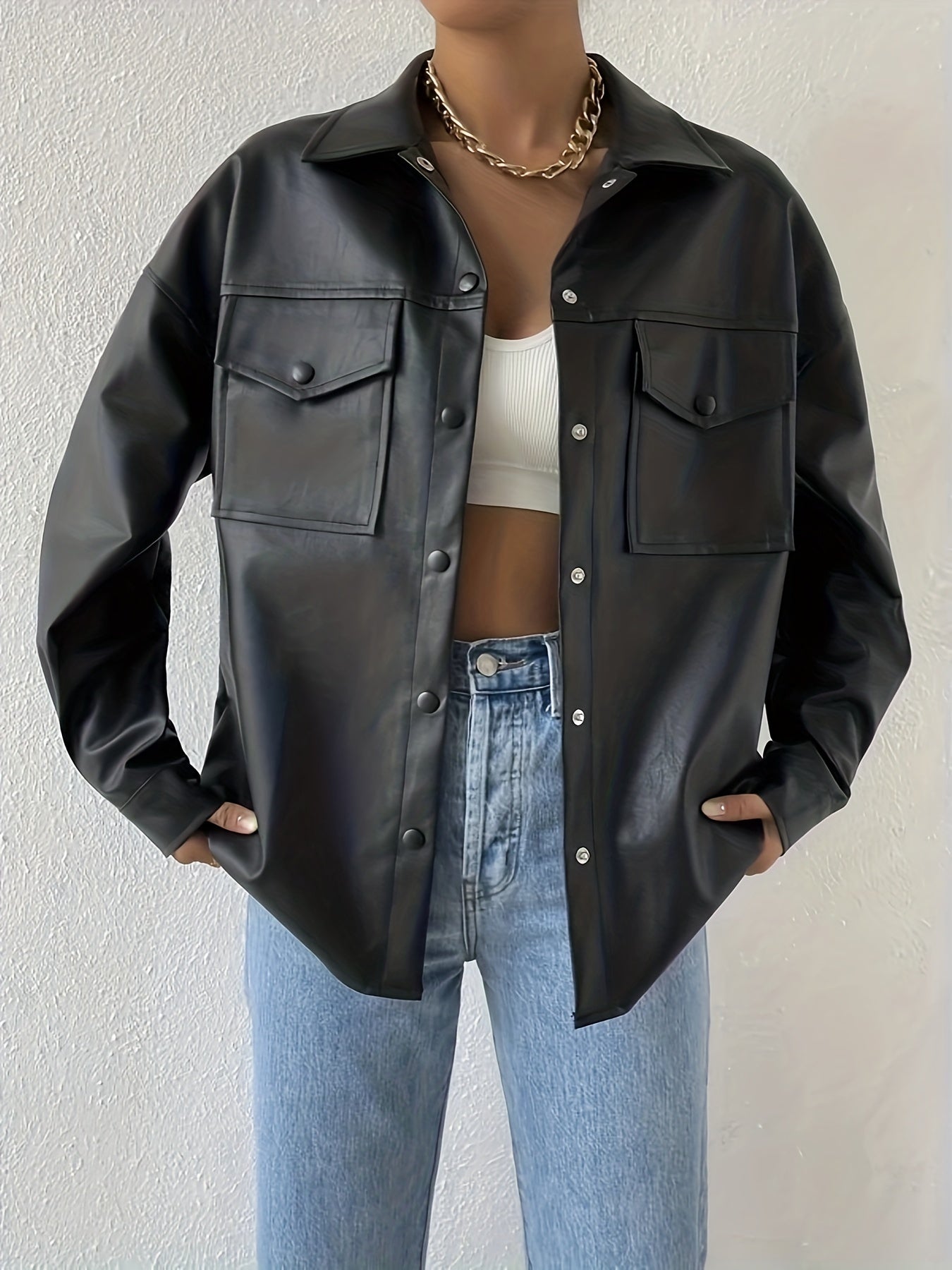 Antmvs Faux Leather Flap Pockets Jacket, Vintage Long Sleeve Drop Shoulder Solid Outwear , Women's Clothing