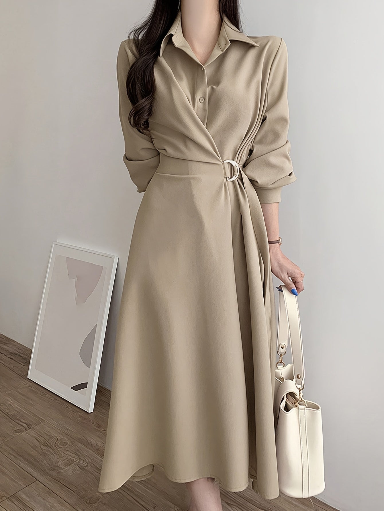 Antmvs A-line Button Front Dress, Elegant Long Sleeve Dress For Spring & Fall, Women's Clothing