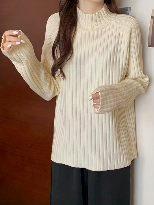 Antmvs Solid Mock Neck Rib Knit Sweater, Casual Long Sleeve Thick Versatile Sweater, Women's Clothing