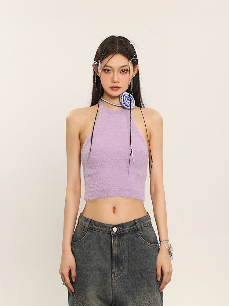 Antmvs Ilas Solid Color Halter Fluff Slim Cropped Top