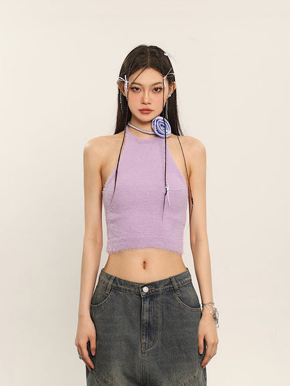 Antmvs Ilas Solid Color Halter Fluff Slim Cropped Top