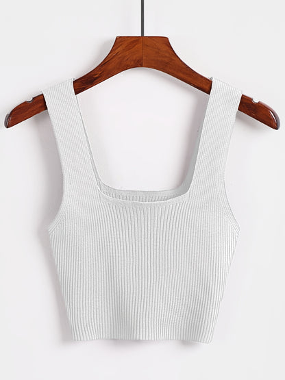 Antmvs Solid Cropped Rib Knitted Vest, Elegant Sleeveless Summer Stretchy Vest, Women's Clothing