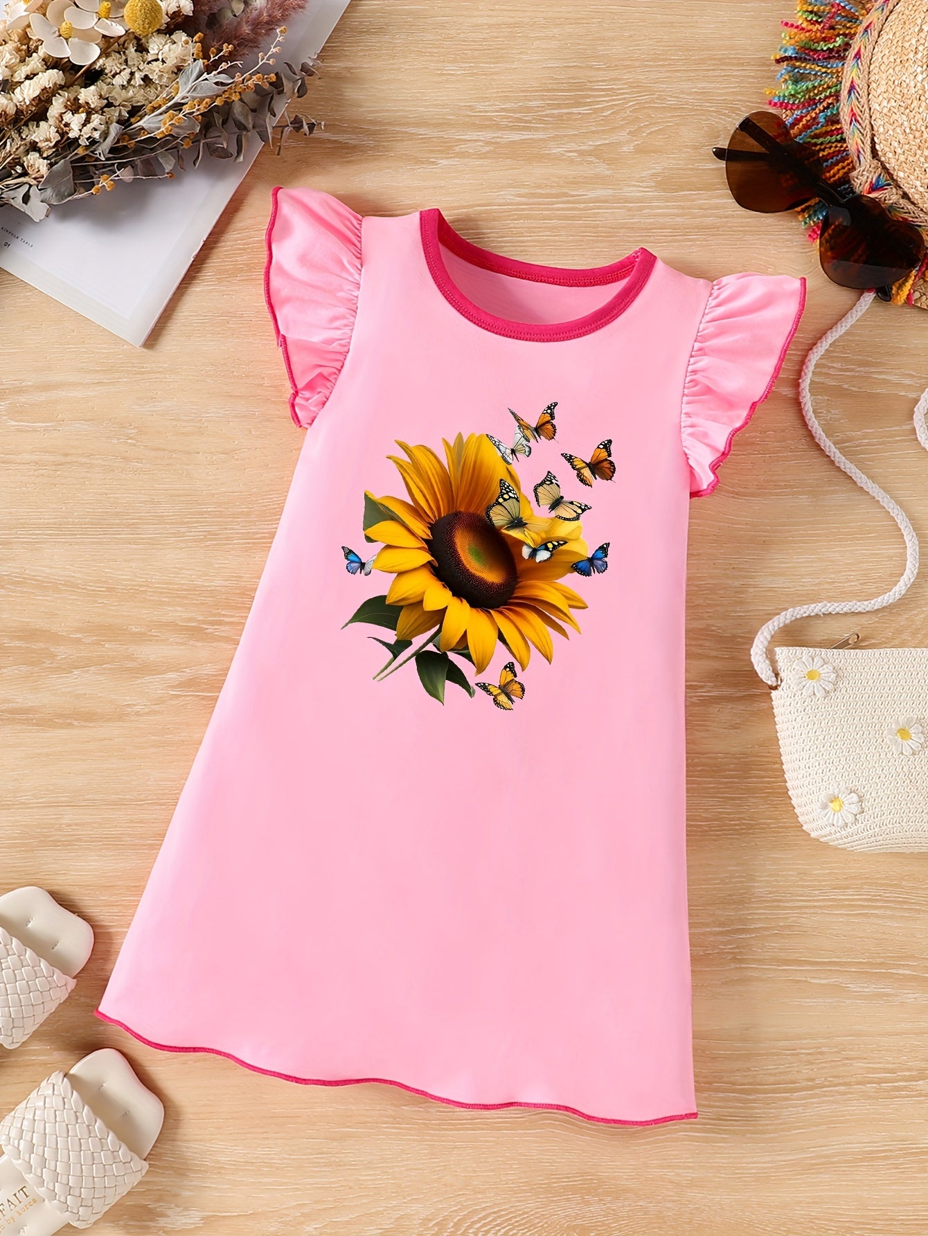 Sunflower & Butterfly Print Dress - Vibrant Sleeveless Crew Neck Ruffle Trim Cotton Dress for Summer, Perfect for Little Girls, Ideal Gift for Birthdays and Holidays, Part of Girls Casual Daily Wear Collection