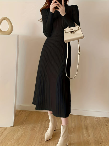 Antmvs Mock Neck Ribbed Dress, Casual Solid Long Sleeve Midi Dress, Women's Clothing