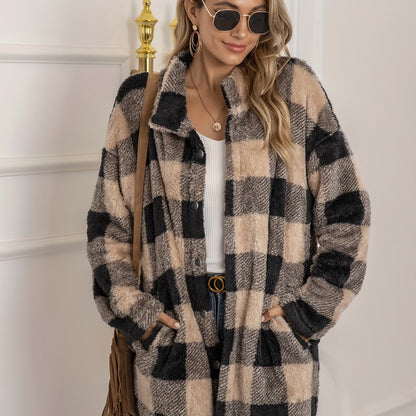 Antmvs Plaid Print Teddy Coat, Casual Button Front Long Sleeve Warm Outerwear, Women's Clothing