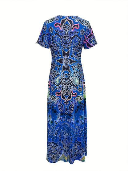 Antmvs Ethnic Floral Print Dress, Boho V Neck Short Sleeve Maxi Dress, Women's Clothing