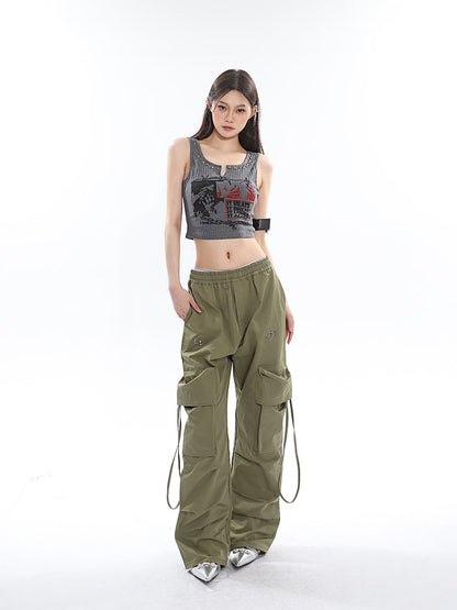 Antmvs Sia Solid Color White Slim Short Sleeve Cropped Top + High Waist Baggy Multi-Pocket Cargo Pants Matching Set