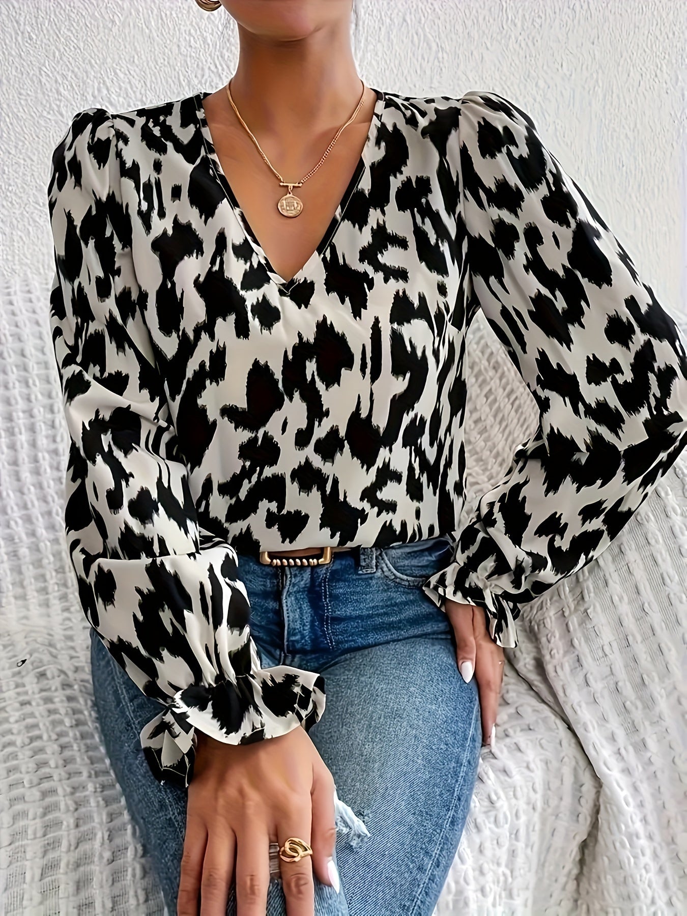 Antmvs All Over Pint V Neck Blouse, Elegant Long Sleeve Ruffle Trim Blouse, Women's Clothing