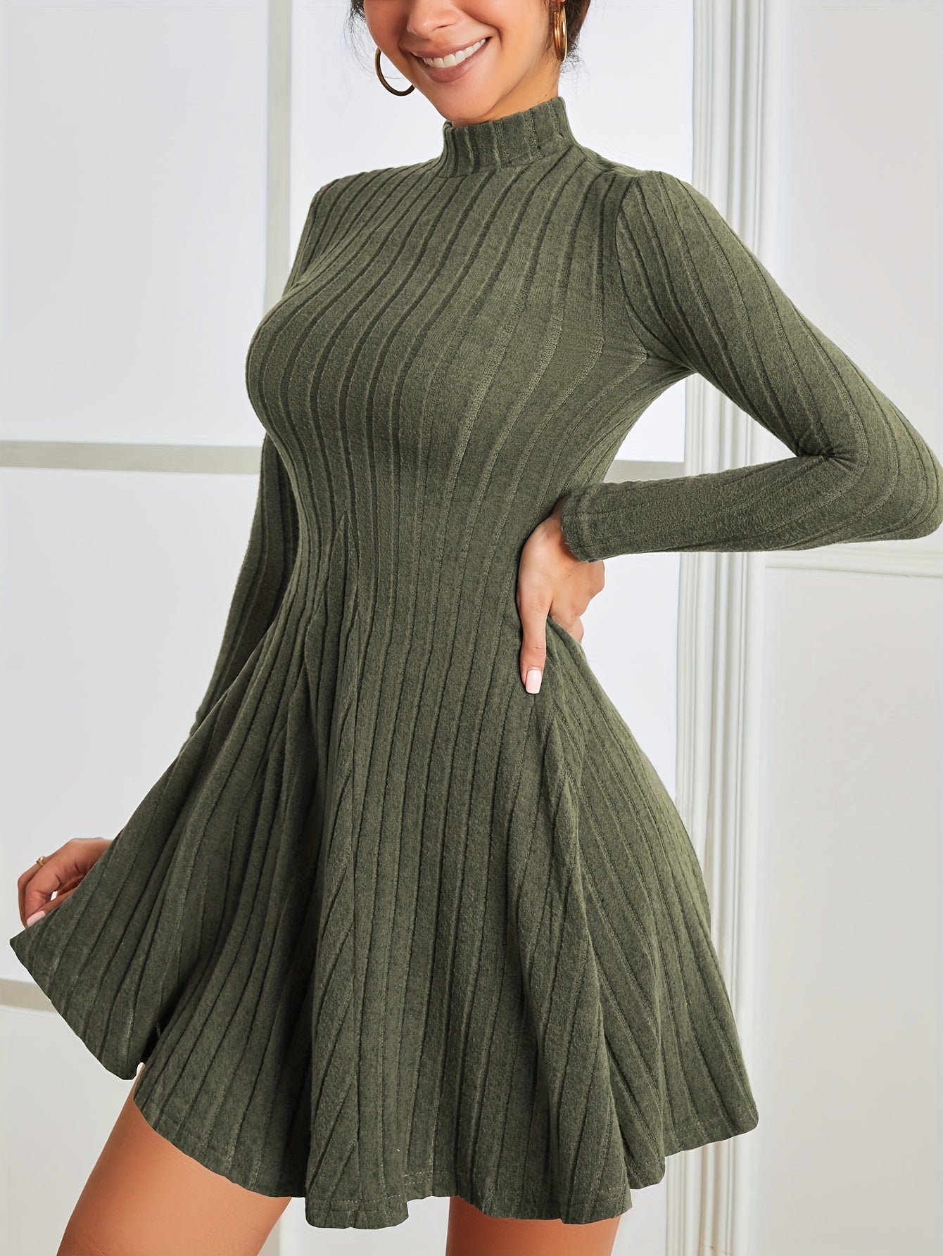 Antmvs Solid Ribbed Dress, Casual Mock Neck Long Sleeve Dress, Women's Clothing
