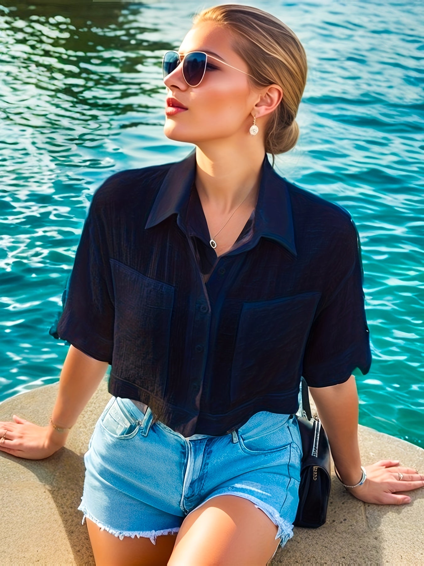 Antmvs  Versatile Crop Shirt, Button Down Short Sleeve Shirt, Casual Every Day Tops, Women's Clothing